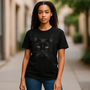 Black Cat Face Women's size Large (12-14) Short sleeve  T-Shirt Clothing